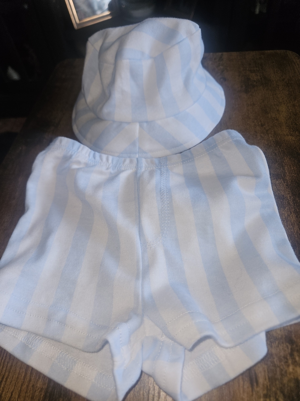Striped Light Blue Kids Bucket Hat & Shorts Set